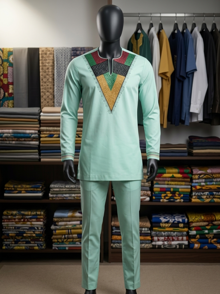 Mint Green Geometrical Collar Cultural Two-Piece