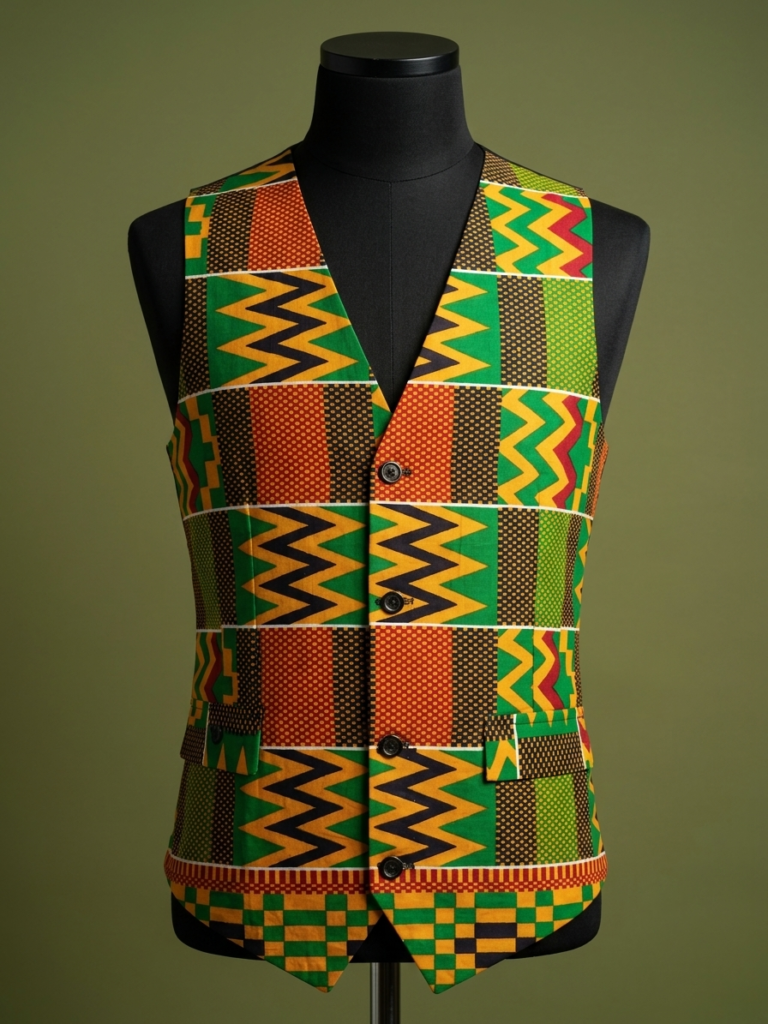 Green and Orange Kente Print Vest