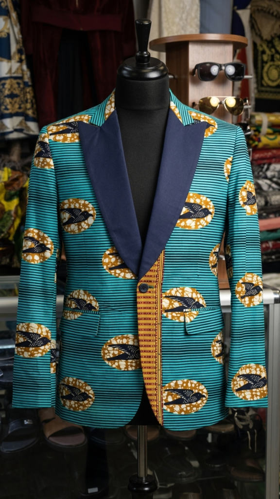 Teal Horizon Bird-Motif Tailored Blazer