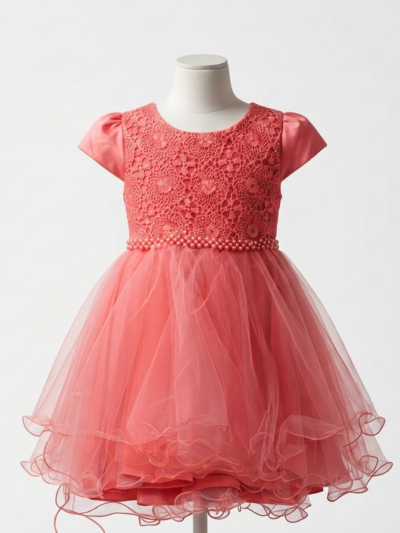 Girls' Coral Red Layered Tulle Party Dress