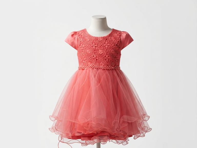 Girls' Coral Red Layered Tulle Party Dress