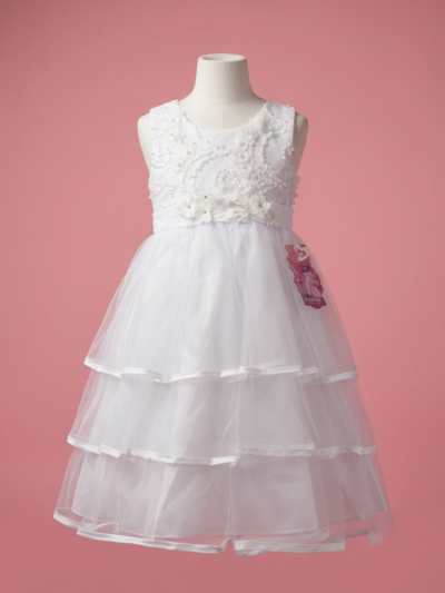 Girls' White Beaded Tulle Party Dress