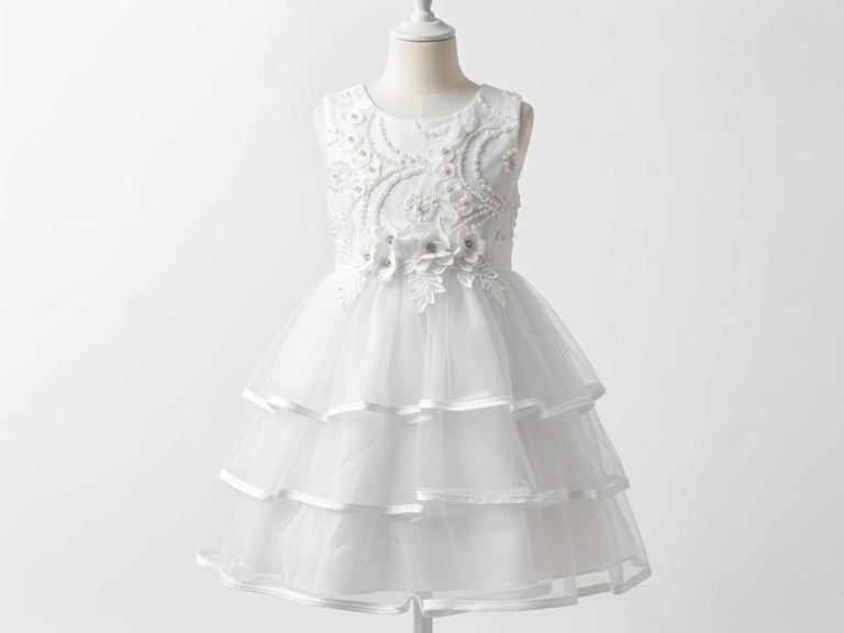 Girls' White Beaded Tulle Party Dress