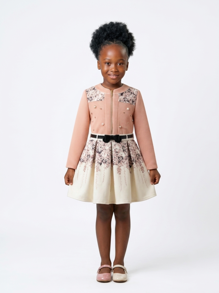 Girls' Textured Pink Coat Dress with Belt