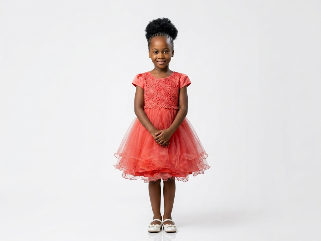 A bright and cheerful coral red dress featuring a lace bodice and a fluffy, tiered tulle skirt. It is a delightful statement piece for parties and celebrations.