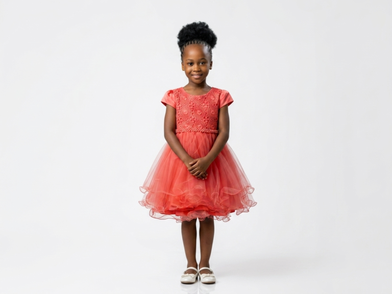 A bright and cheerful coral red dress featuring a lace bodice and a fluffy, tiered tulle skirt. It is a delightful statement piece for parties and celebrations.